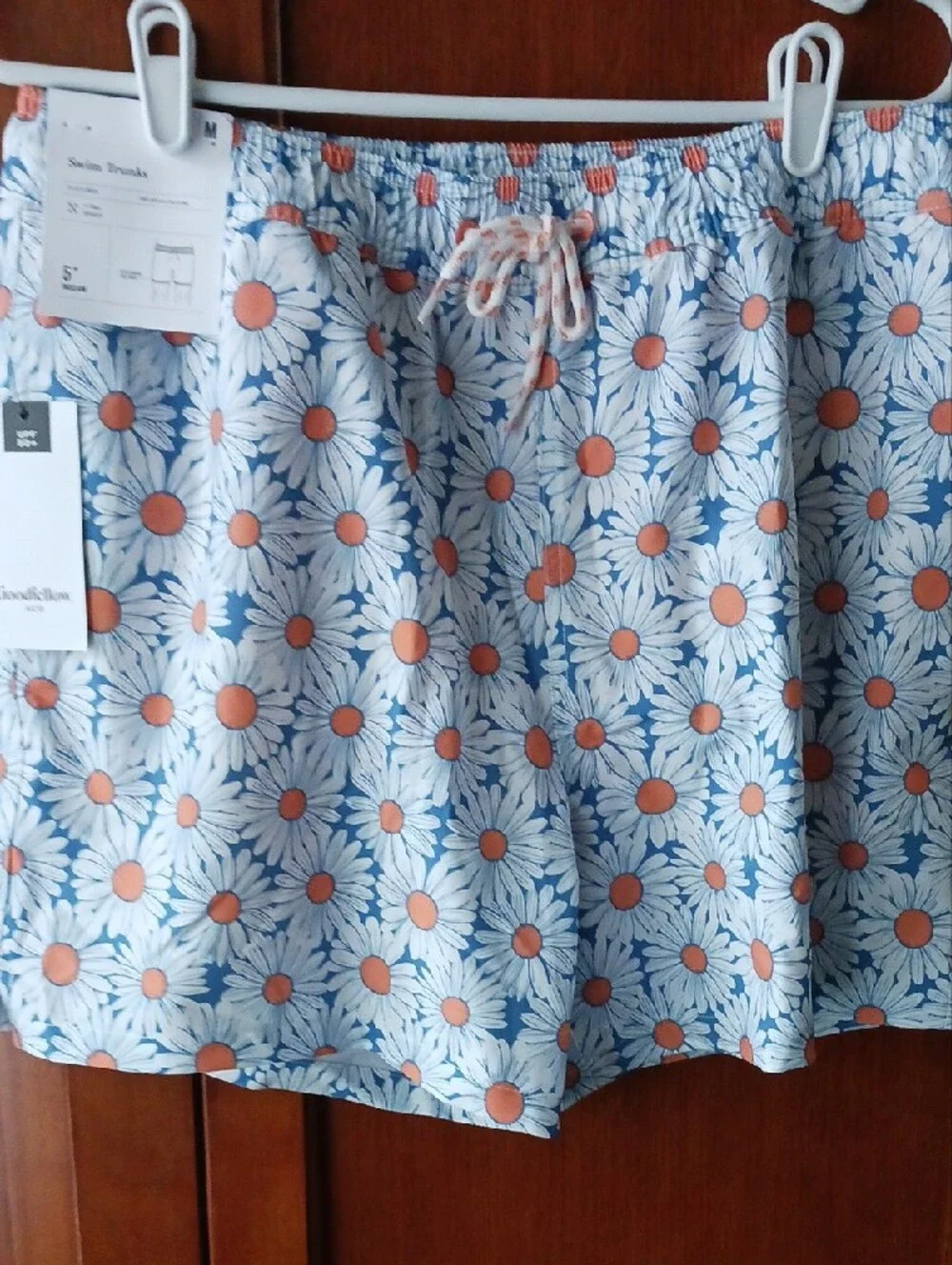 NEW!! Goodfellow & Co Light Blue Daisy-Print Swim Shorts with Orange Centers